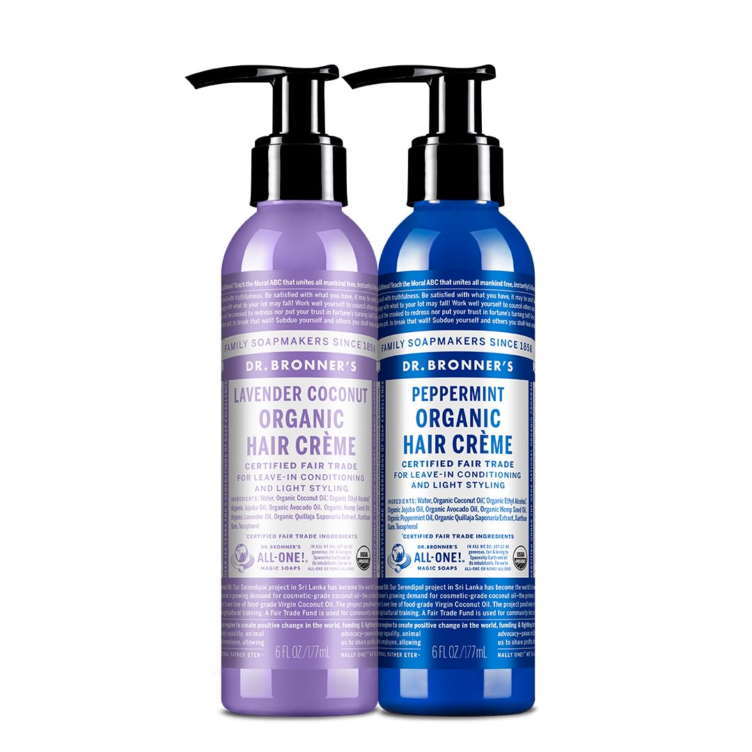Dr. Bronner's Crème Cheveux lavande-coco-menthe, flacon, brillance naturelle et douceur.