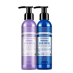 Dr. Bronner's Crème Cheveux lavande-coco-menthe, flacon, brillance naturelle et douceur.