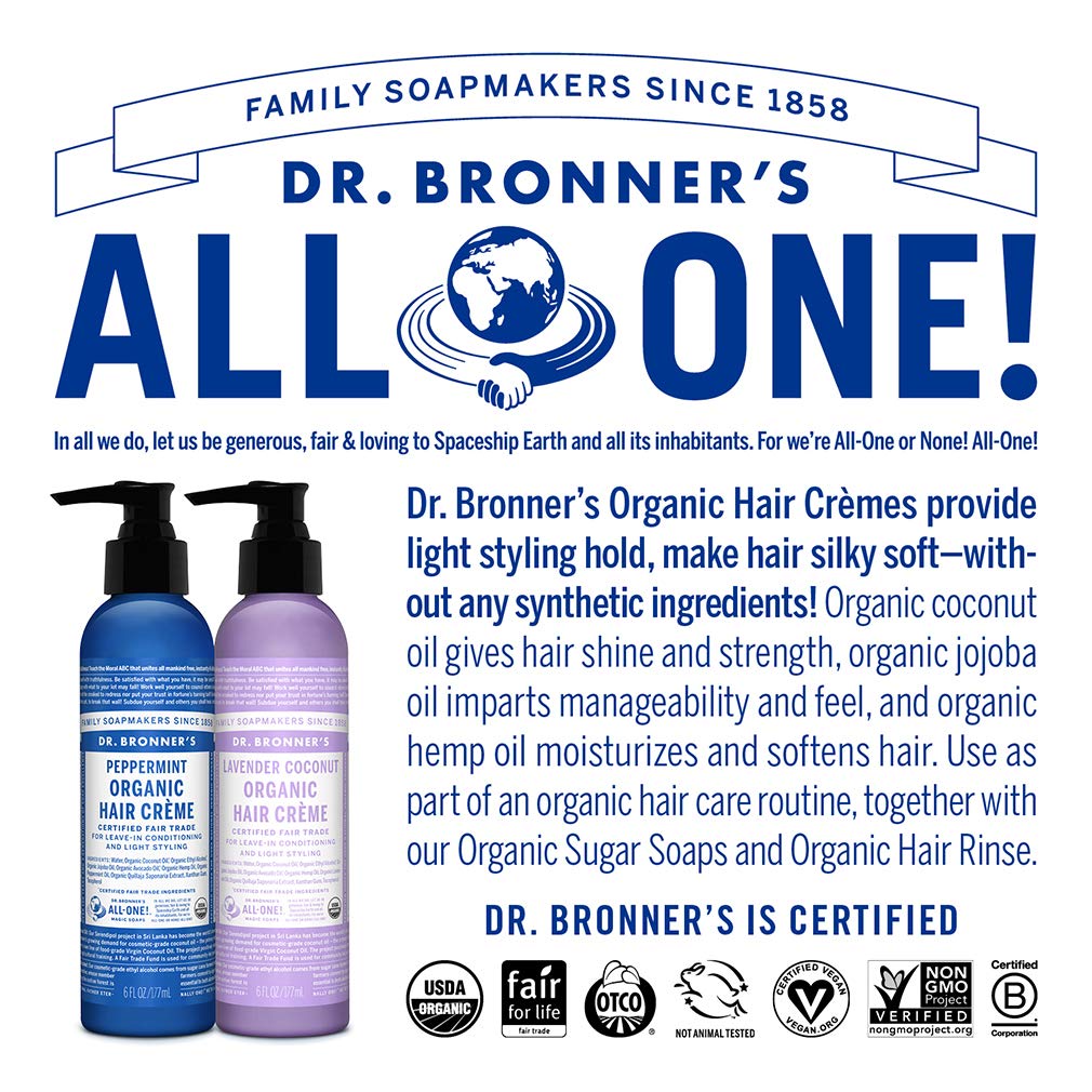 Dr. Bronner’s Crème Cheveux label USDA Organic et ingrédients biologiques.
