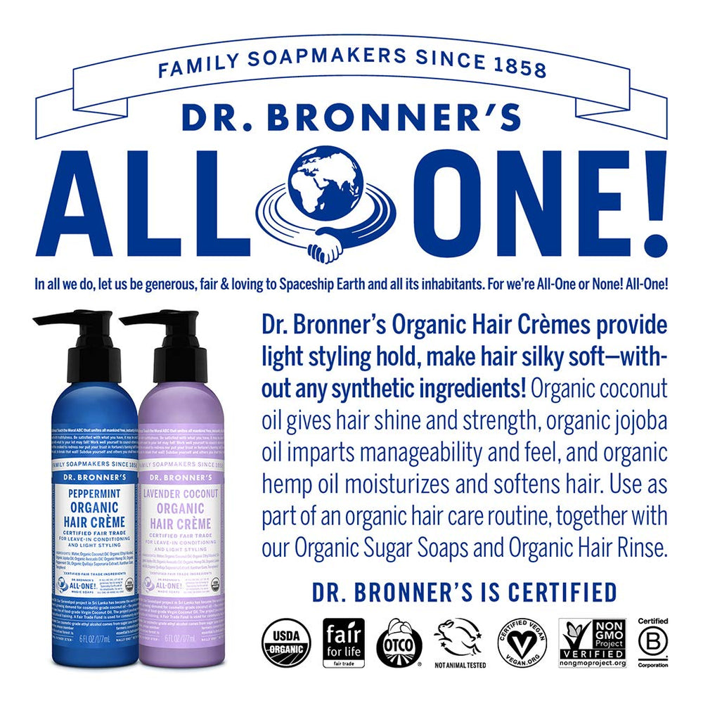 Dr. Bronner’s Crème Cheveux label USDA Organic et ingrédients biologiques.