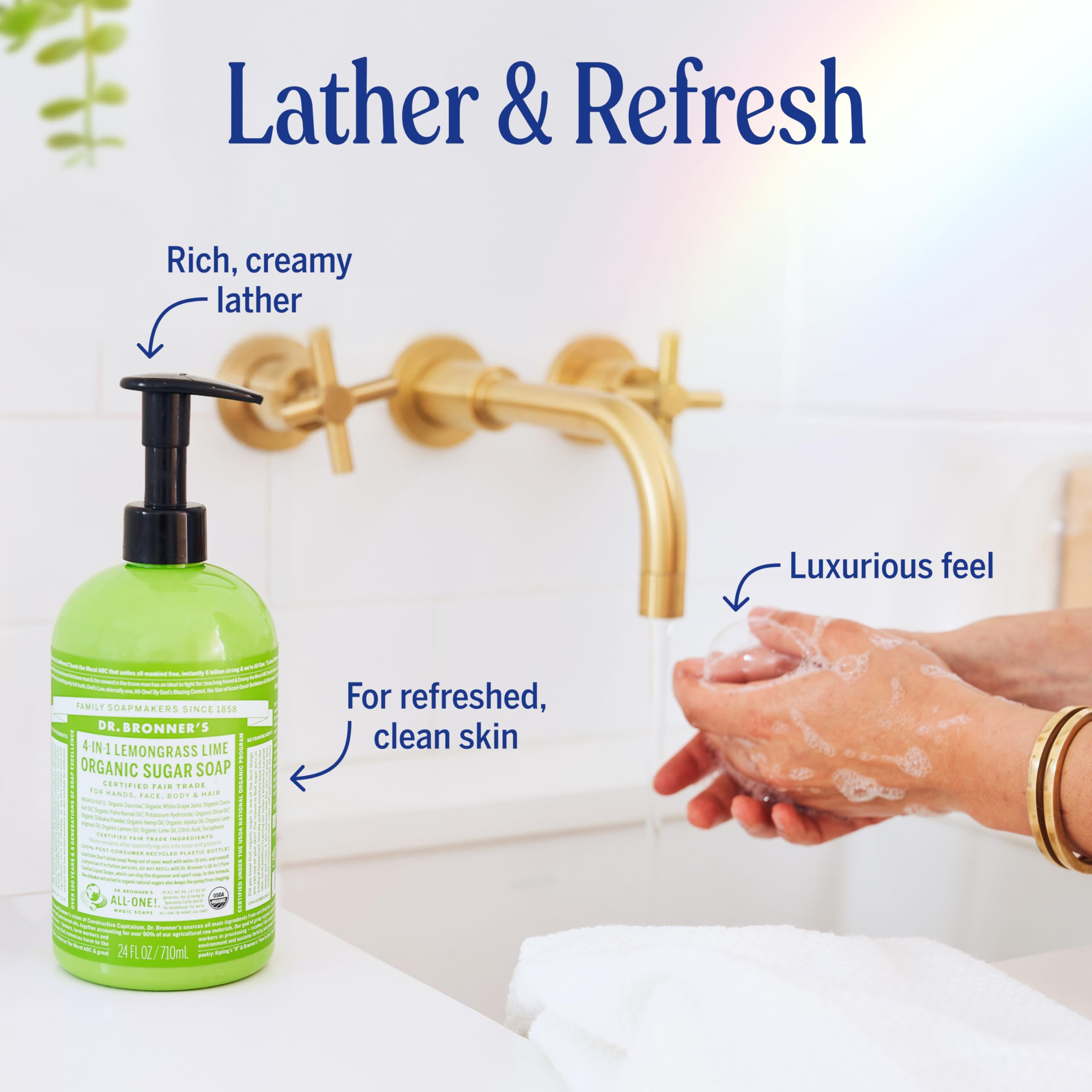 Dr. Bronner's Emballage recyclé post-consommation, démarche respectueuse de l'environnement.