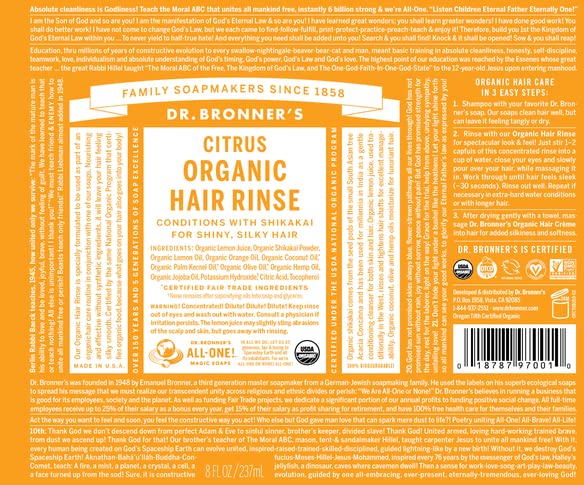 Étiquette certifiée bio et végane Dr. Bronner's, engagement éthique et traçabilité.