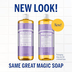 Étiquette biologique et équitable sur Dr. Bronner's Lavande, mise en avant des engagements.