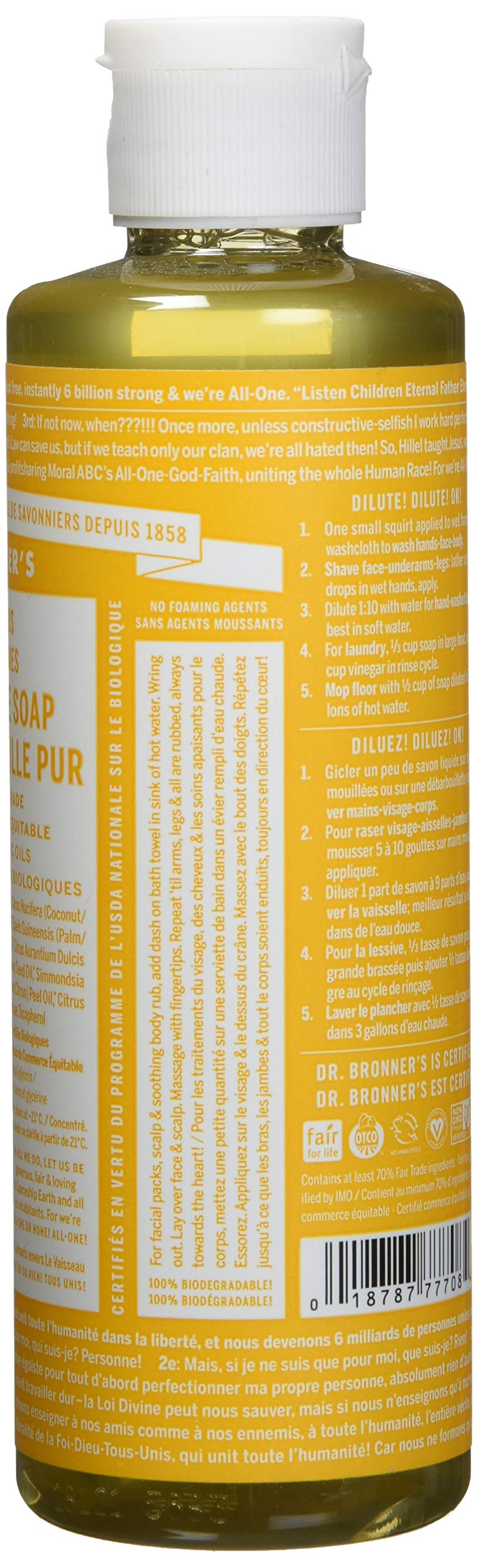 Étiquette orange de Dr. Bronner's, signe biologique et naturel.