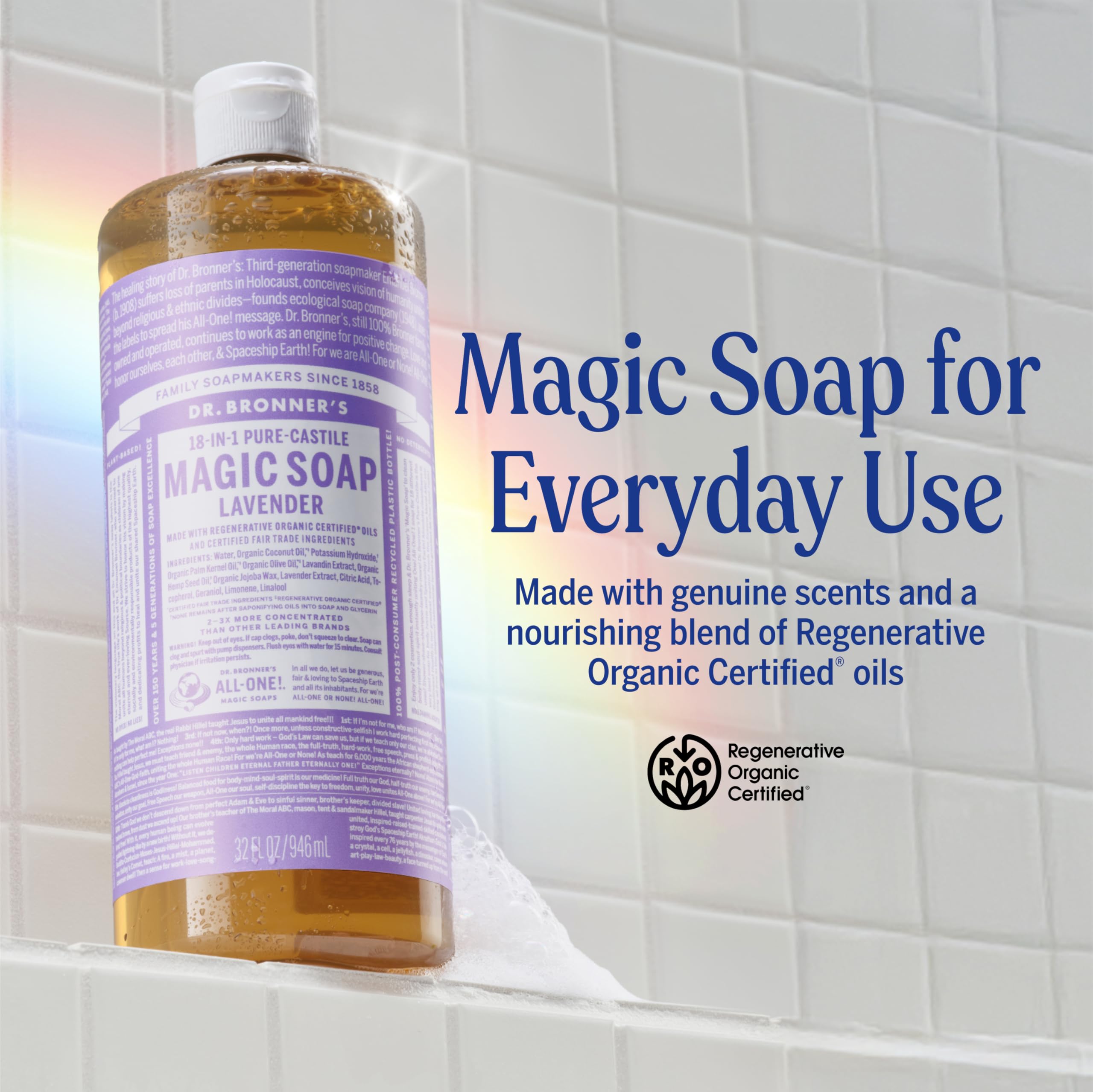 Flacon pompe Dr. Bronner's Lavande pratique pour doser le savon quotidien.