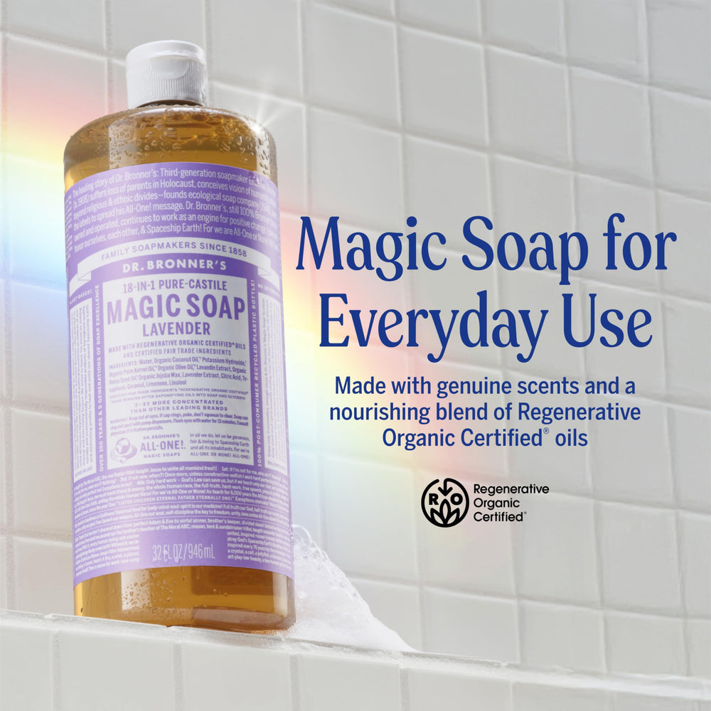 Flacon pompe Dr. Bronner's Lavande pratique pour doser le savon quotidien.