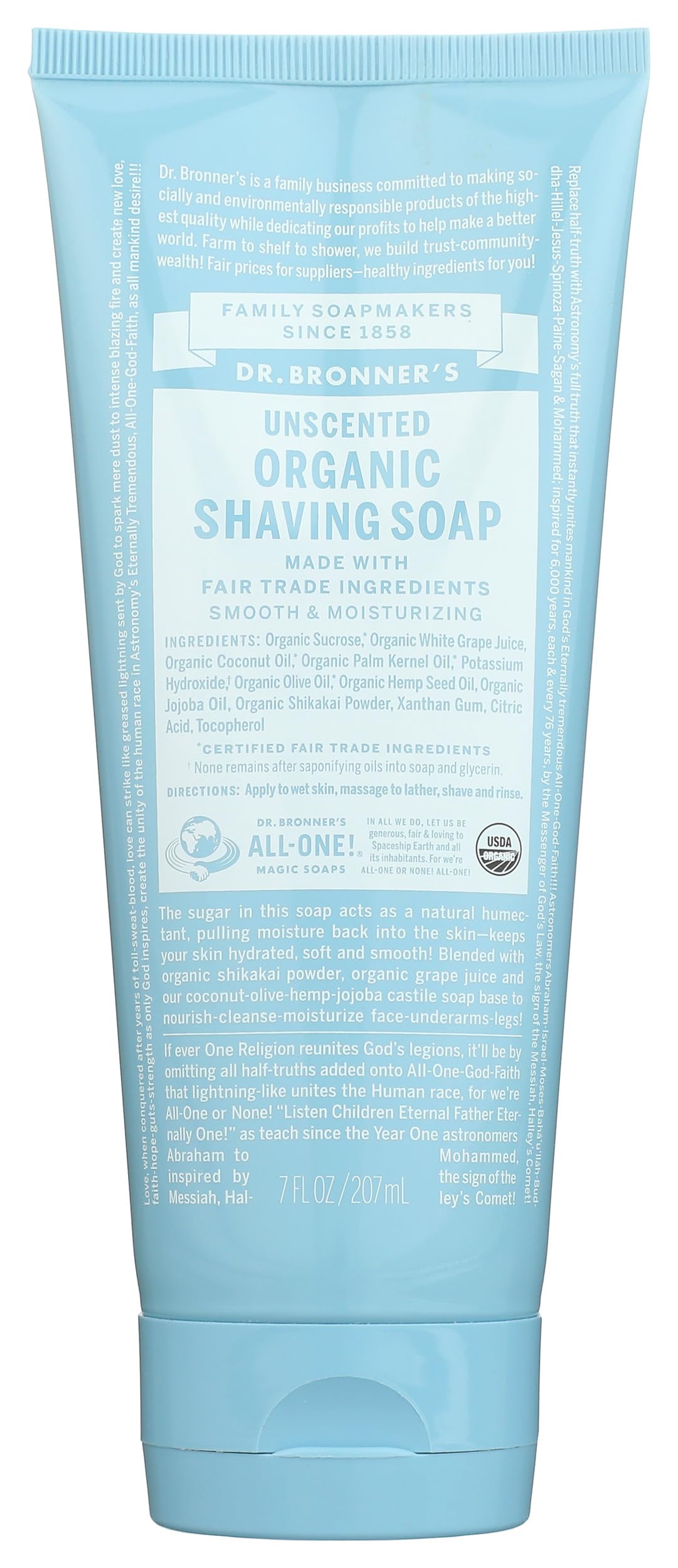 Dr. Bronner's gel de rasage doux sans parfum en tube, rasage en douceur.