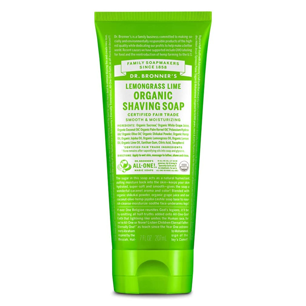 Dr. Bronner's gel de rasage citronnelle et citron vert, flacon de 210 ml, mousse riche.