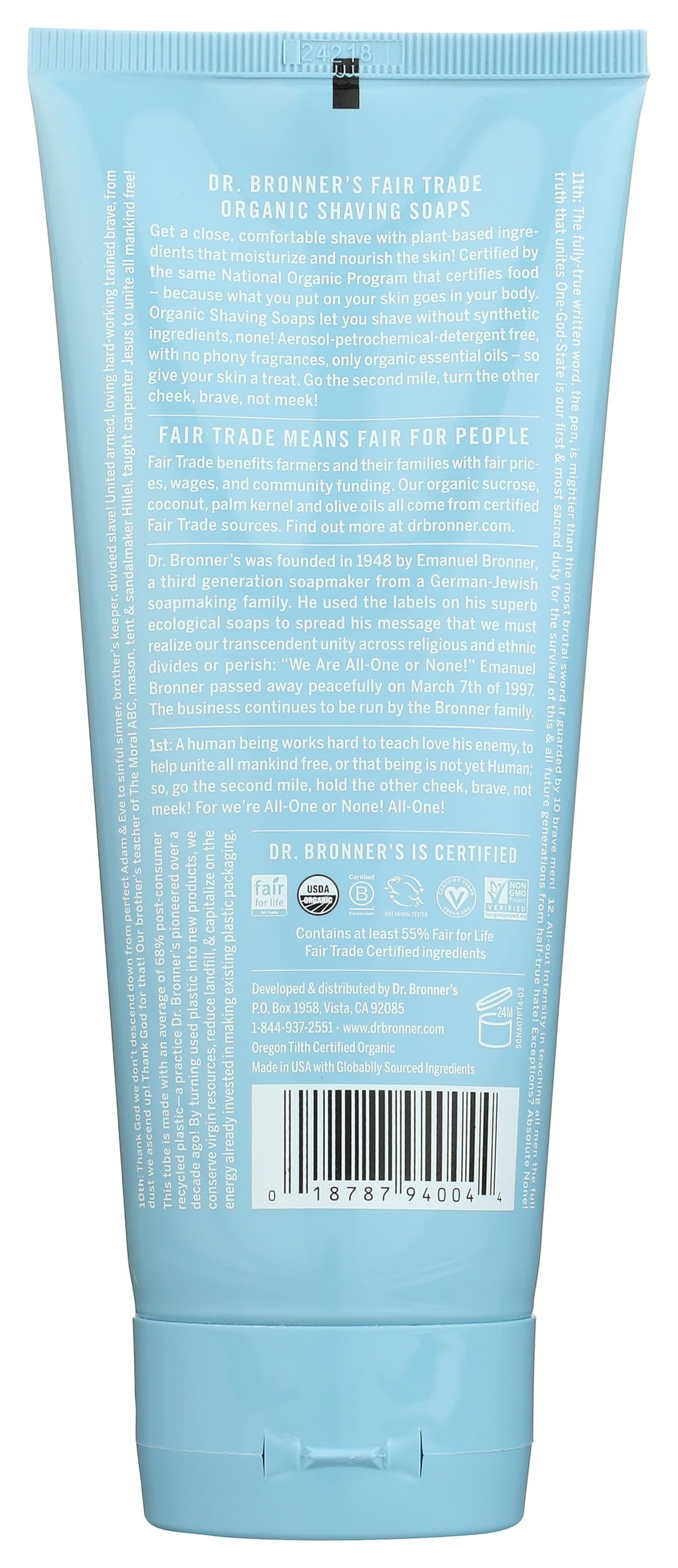 Dr. Bronner's huile de coco biologique, ingrédient clé pour nourrir la peau.