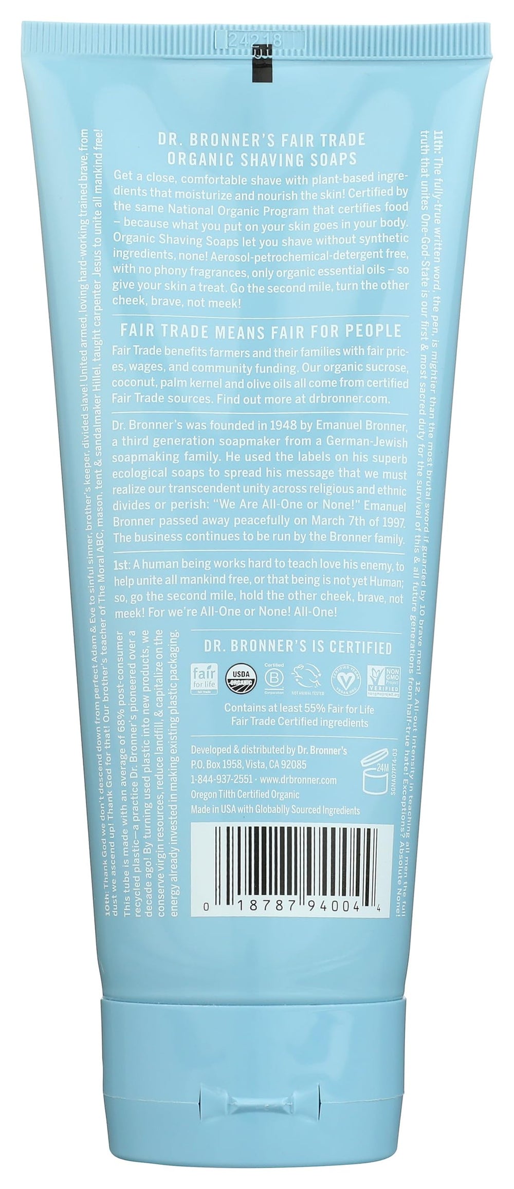 Dr. Bronner's huile de coco biologique, ingrédient clé pour nourrir la peau.