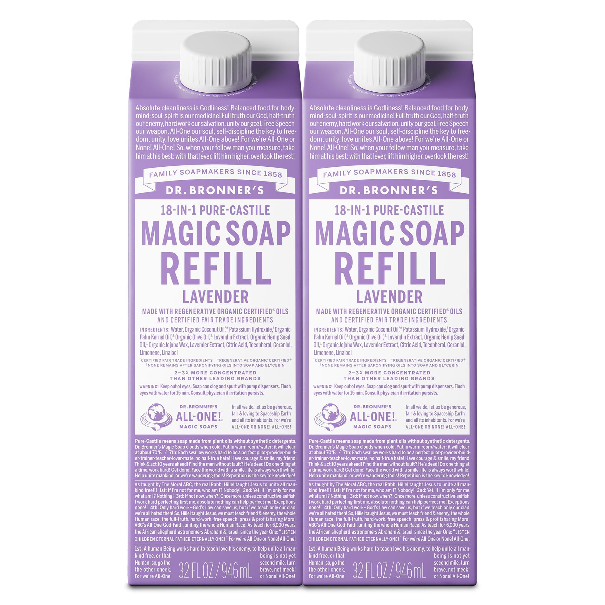 Dr. Bronner's Lavande, recharge-liquide 32oz, pratique pour corps et linge.