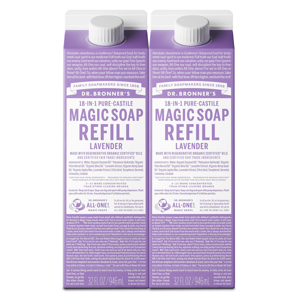 Dr. Bronner's Lavande, recharge-liquide 32oz, pratique pour corps et linge.