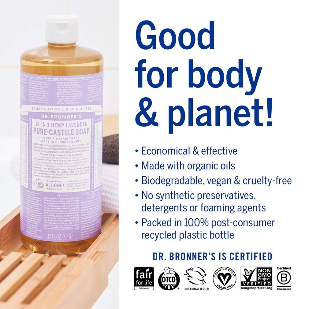 Dr. Bronner's Lavande, sans conservateurs synthétiques, respecte la peau