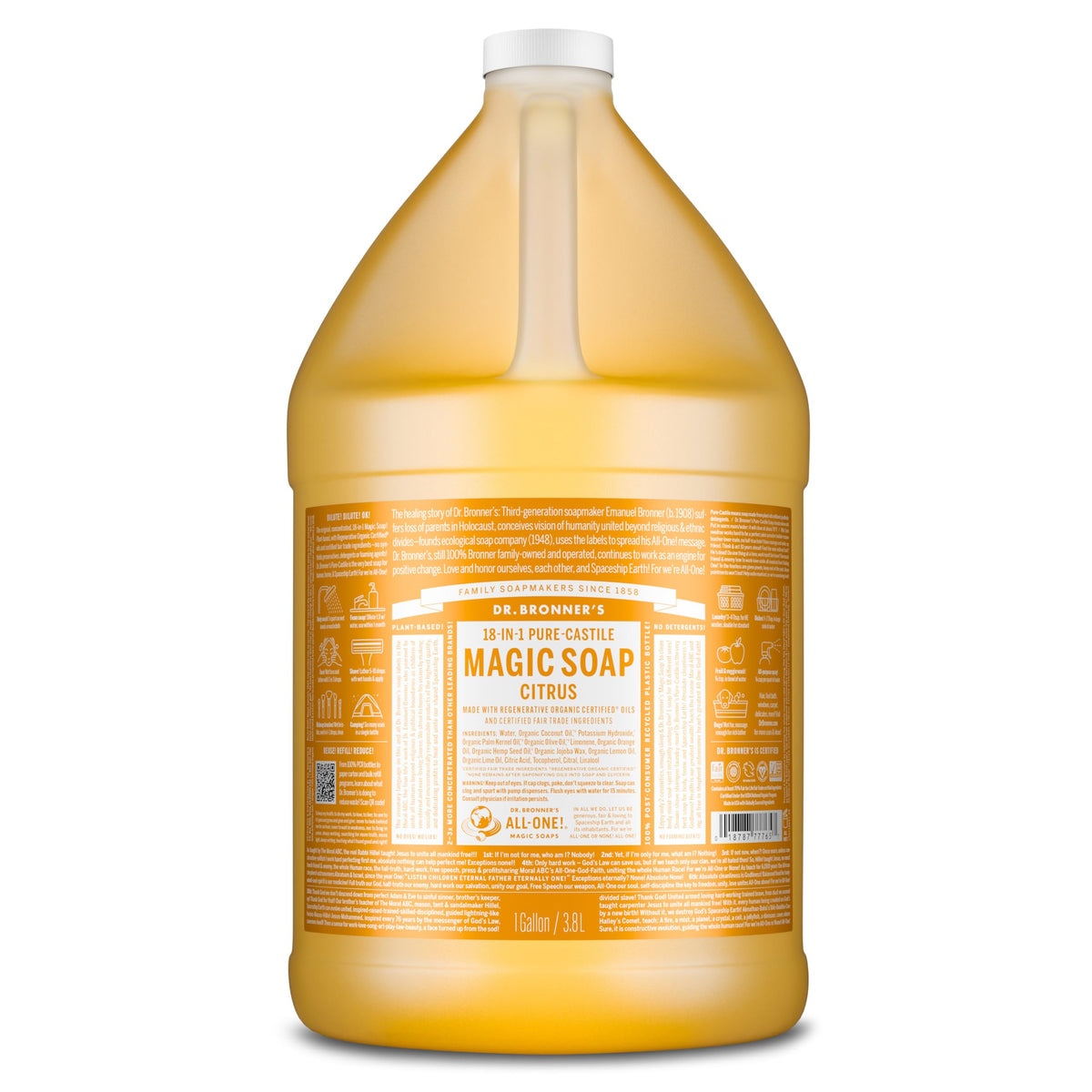Dr. Bronner's Savon Castile Citrus; bouteille 1 galon, format pratique et polyvalent.