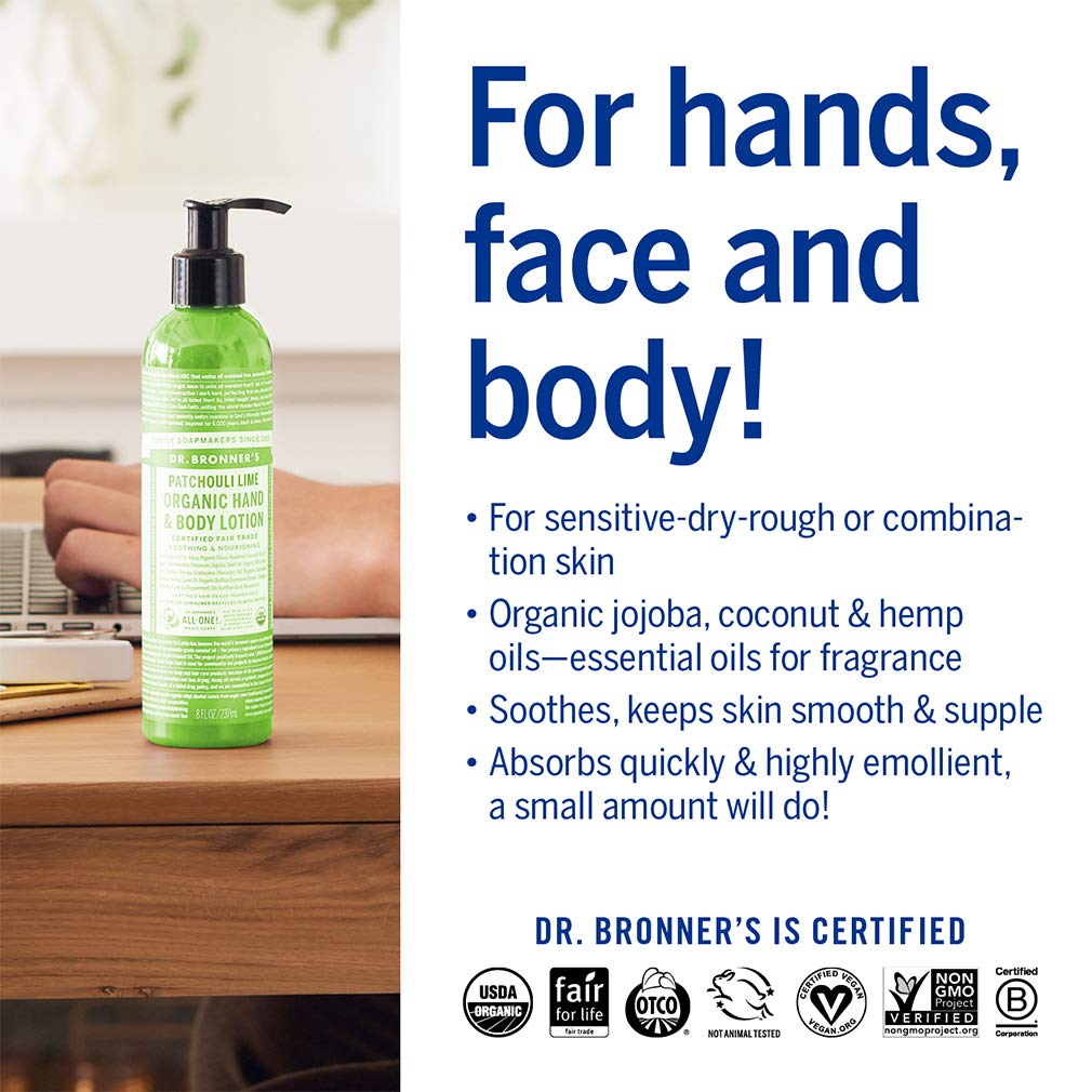 Dr. Bronner's Patchouli Lime Lotion – ingrédients bio et soin complet pour peau saine.