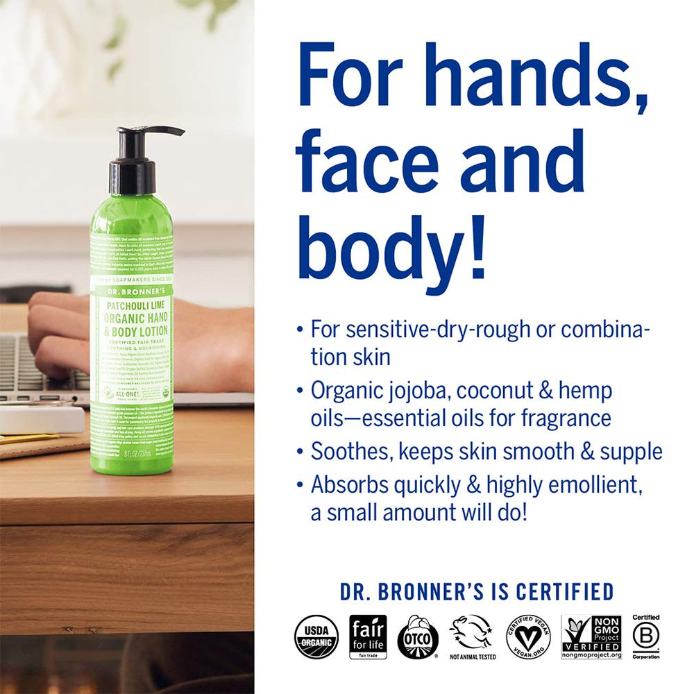 Dr. Bronner's Patchouli Lime Lotion – ingrédients bio et soin complet pour peau saine.