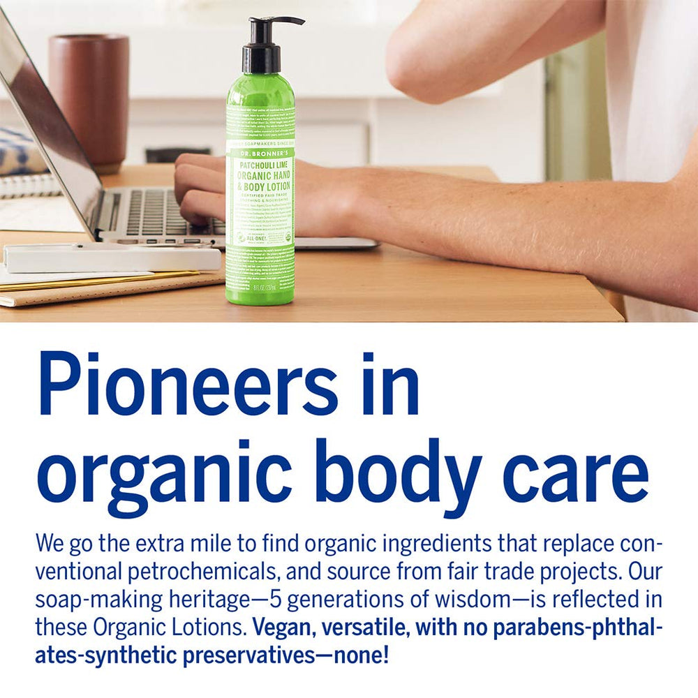 Dr. Bronner's Patchouli Lime Lotion – texture légère et absorption rapide.