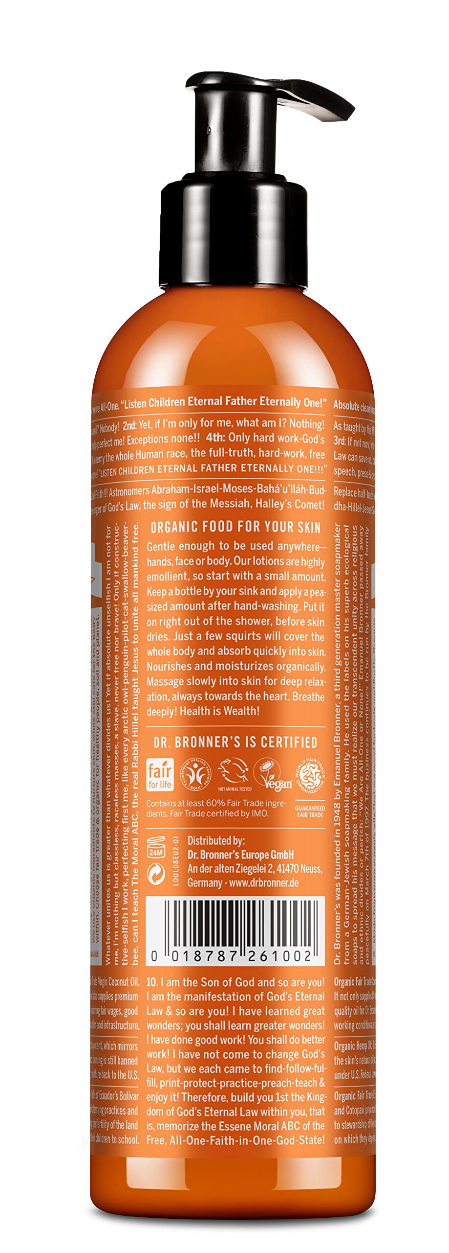 Dr. Bronner's Lotion Orange Lavande - application mains douce et hydratante pour peau confortable.