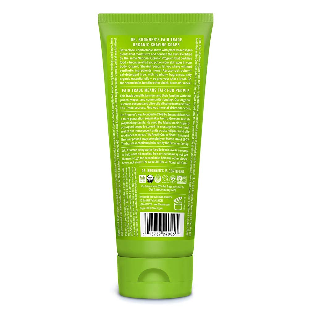 Mousse de rasage crémeuse Dr. Bronner's au parfum citronnelle et citron vert, usage quotidien.