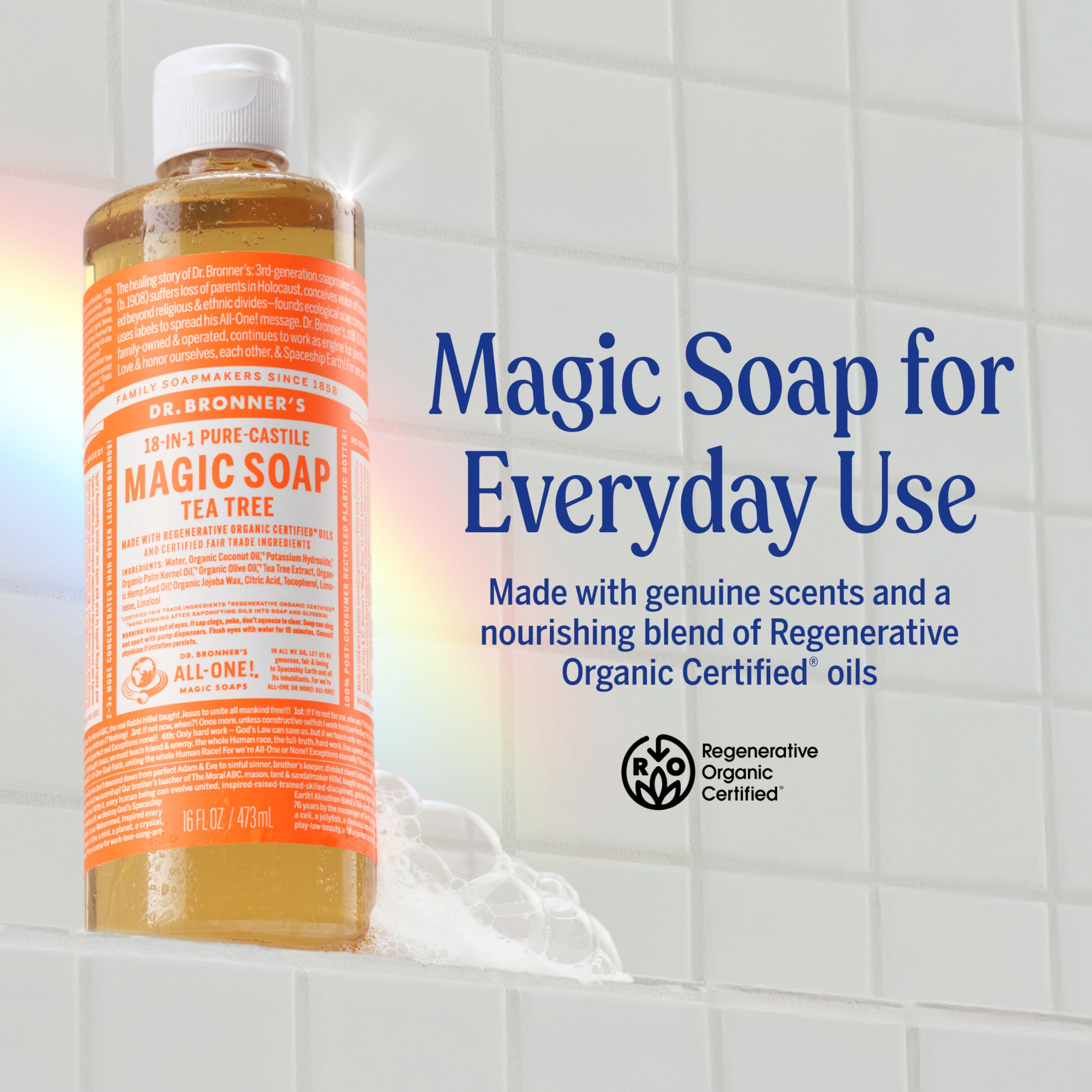 Mousse riche pour peau et cheveux, sensation rafraîchissante avec Dr. Bronner’s Tea Tree.