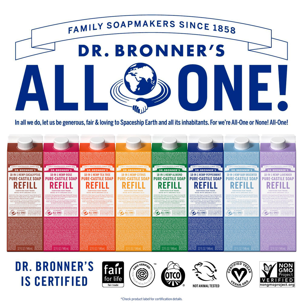 Dr. Bronner's multi-use scene illustrating dishes, laundry, and surfaces.