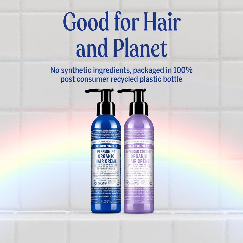 Dr. Bronner's Peppermint Hair Crème texture on the jar demonstrates creamy application.