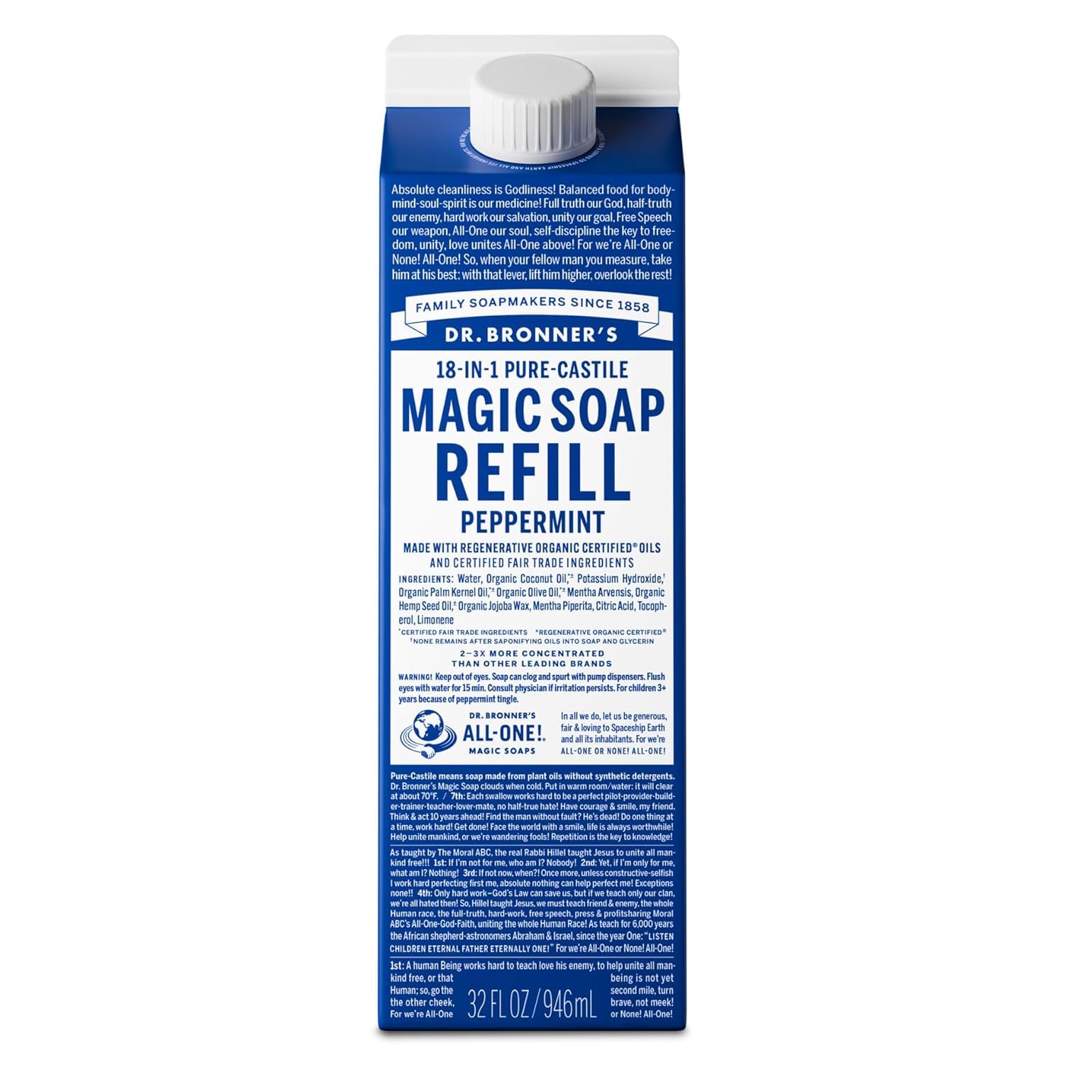 Dr. Bronner's Peppermint Pure-Castile refill bottle for face, body, and home cleaning.