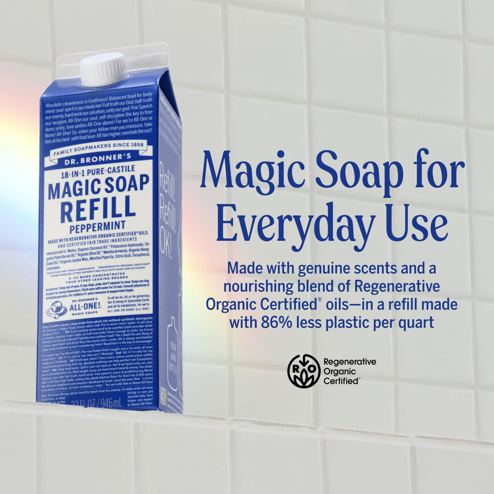Dr. Bronner’s Pur‑Castile Menthe, mousse riche idéale pour la douche.