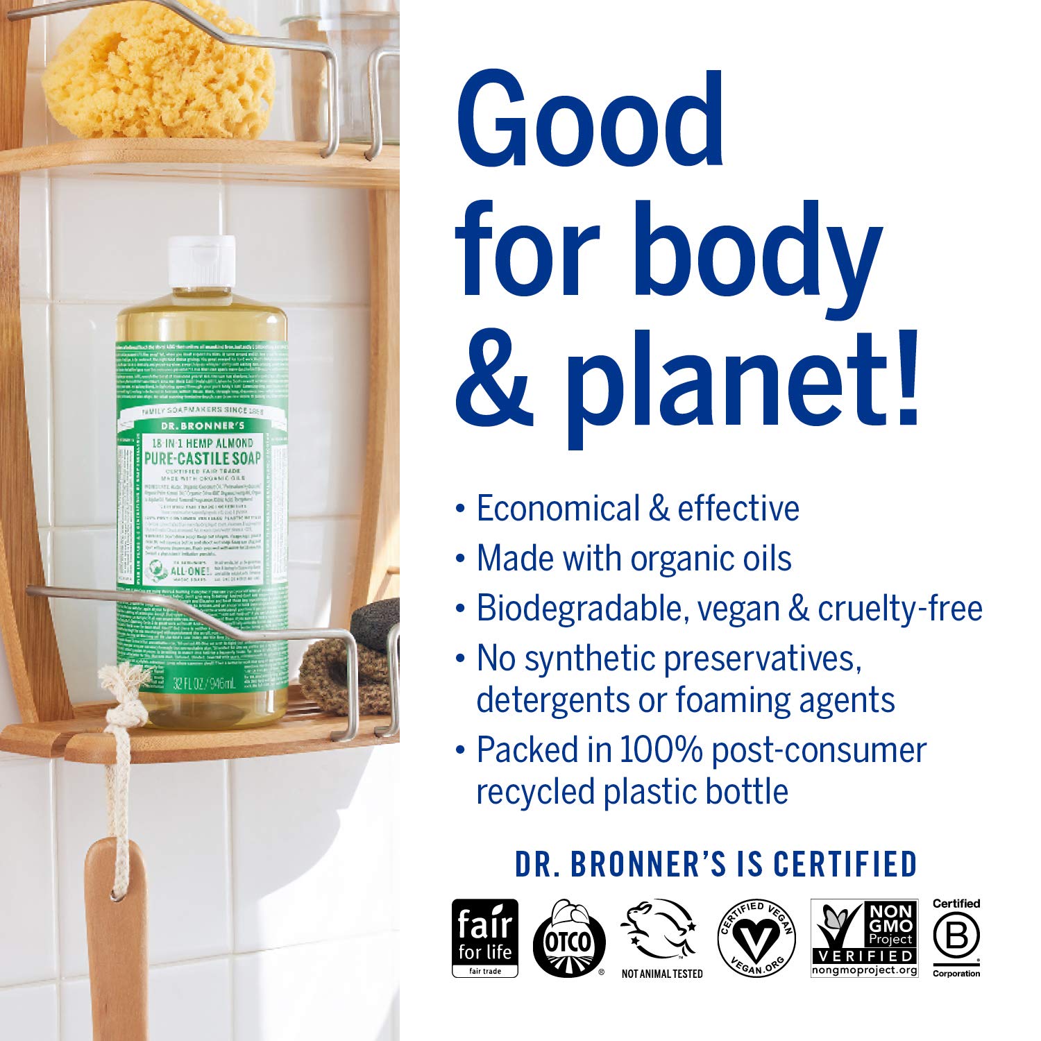 Étiquette naturelle Dr. Bronner's Pure-Castile Amande, composition bio et éthique