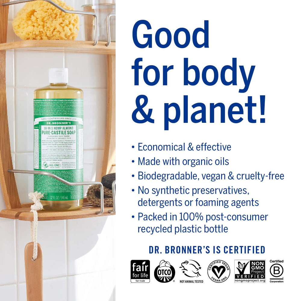 Étiquette naturelle Dr. Bronner's Pure-Castile Amande, composition bio et éthique