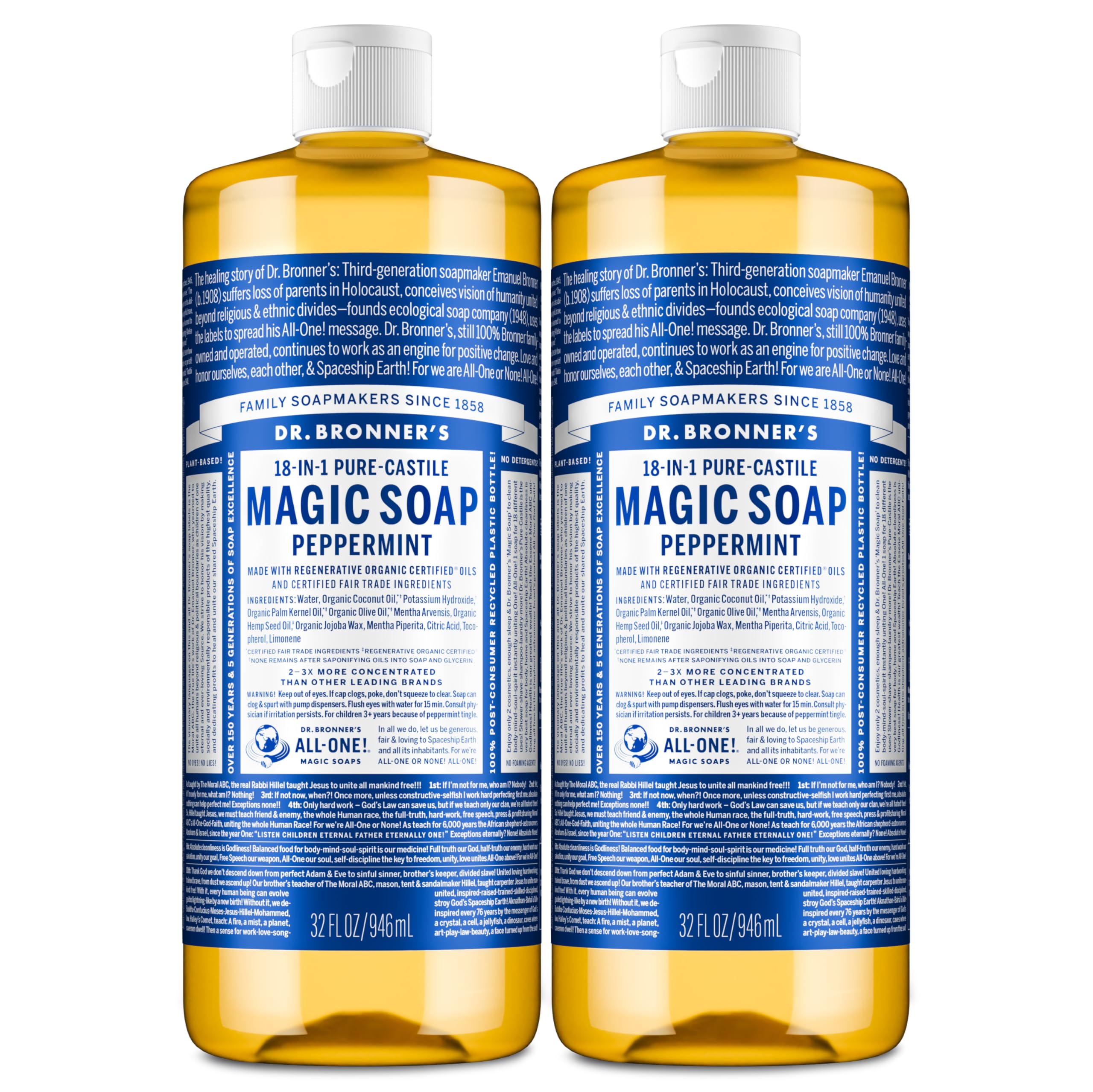 Dr. Bronner’s Pure-Castile Menthe, bouteille 1L, nettoyage quotidien en douceur.