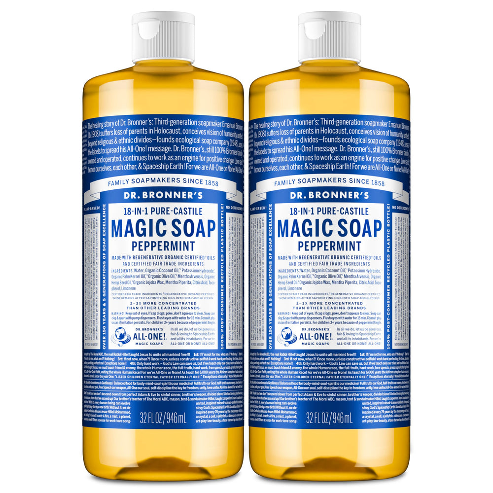 Dr. Bronner’s Pure-Castile Menthe, bouteille 1L, nettoyage quotidien en douceur.