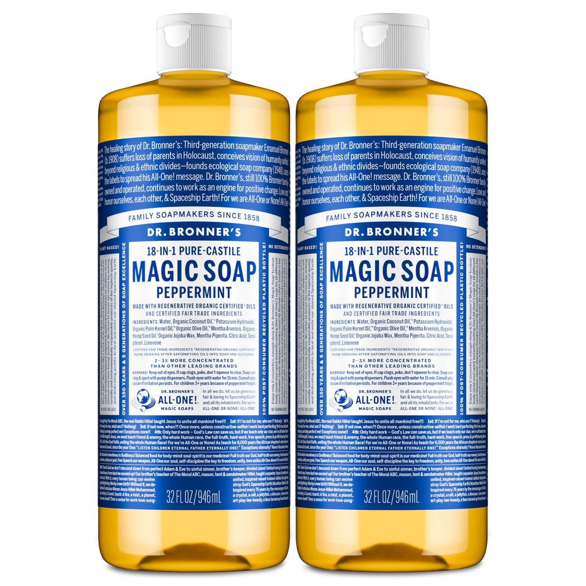 Dr. Bronner’s Pure-Castile Menthe, bouteille 1L, nettoyage quotidien en douceur.