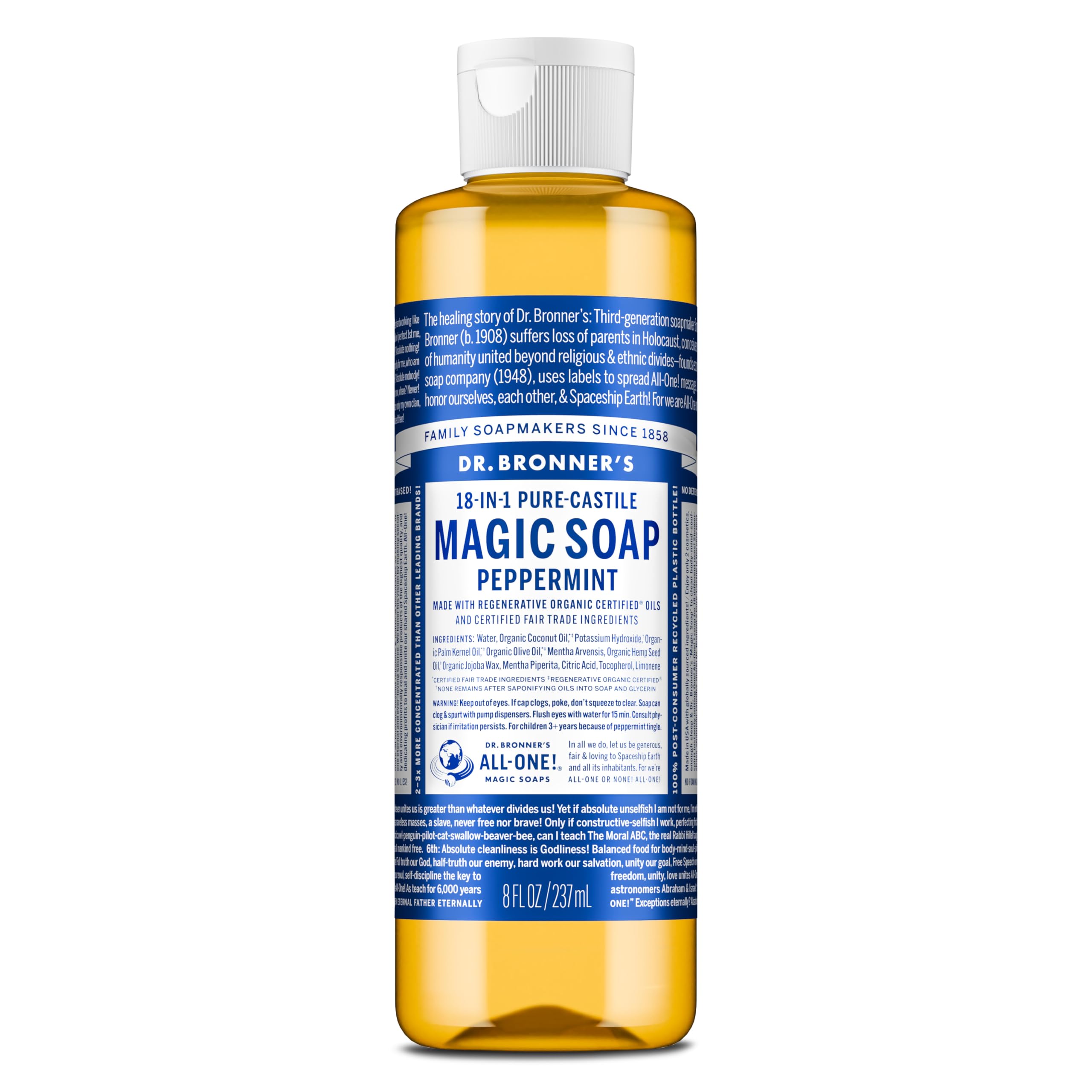 Dr. Bronner's Pure-Castile Menthe — bouteille claire avec étiquette bio.
