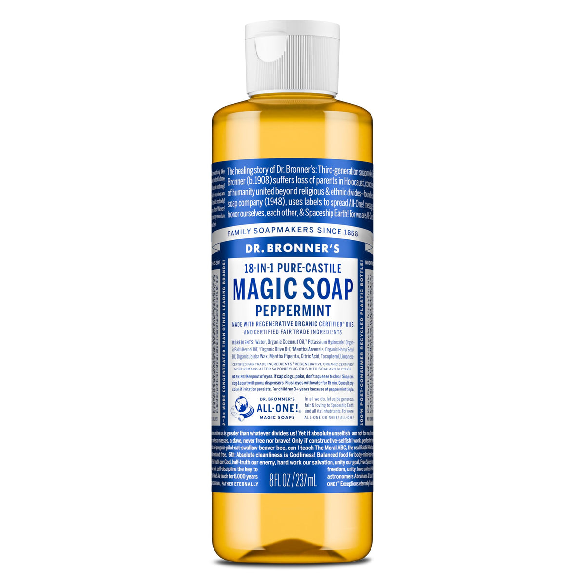Dr. Bronner's Pure-Castile Menthe — bouteille claire avec étiquette bio.