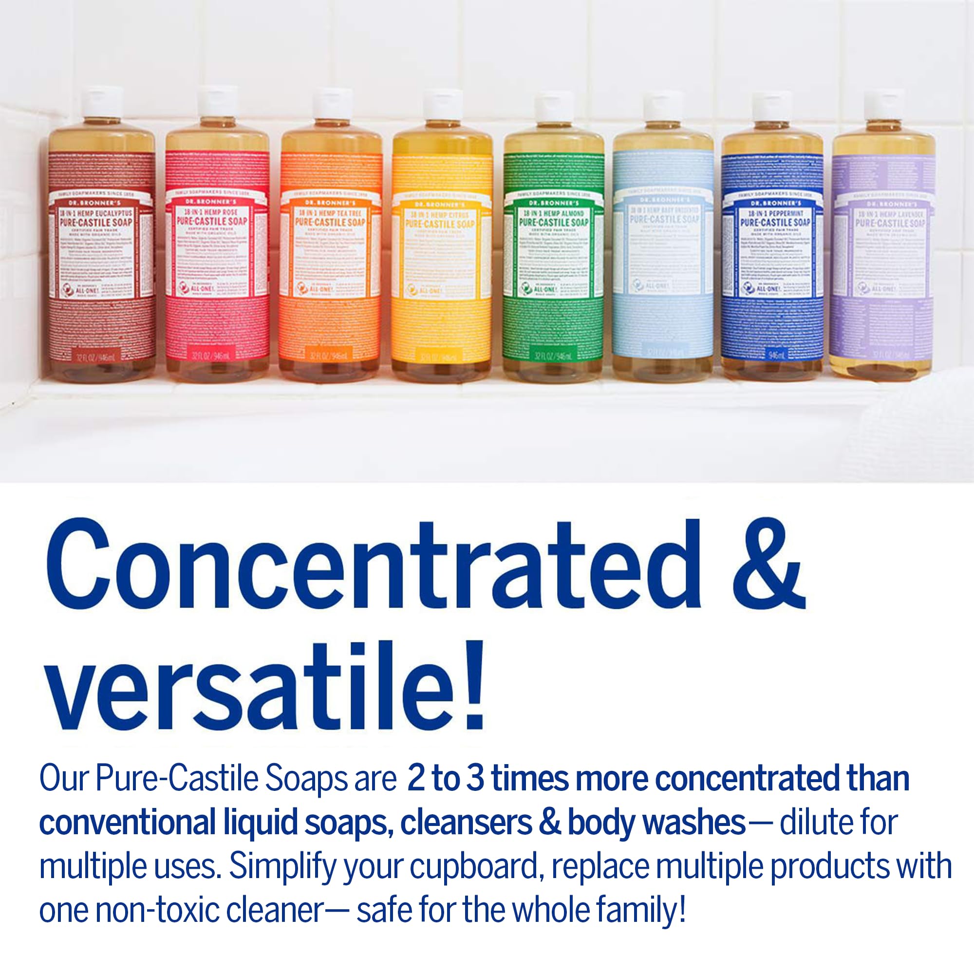 Dr. Bronner's Pure-Castile Menthe, emballage en plastique post-consommation recyclé à 100%.
