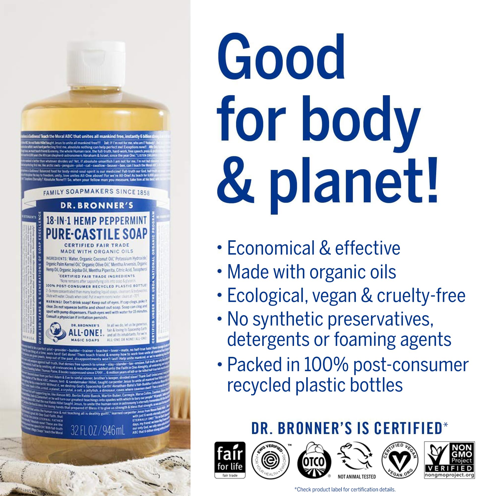 Dr. Bronner's Pure-Castile Menthe, ingrédients biologiques et commerce équitable, respectueux des producteurs.