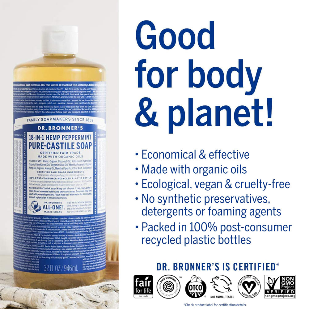 Dr. Bronner's Pure-Castile Menthe, ingrédients biologiques et commerce équitable, respectueux des producteurs.