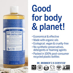 Dr. Bronner's Pure-Castile Menthe, ingrédients biologiques et commerce équitable, respectueux des producteurs.