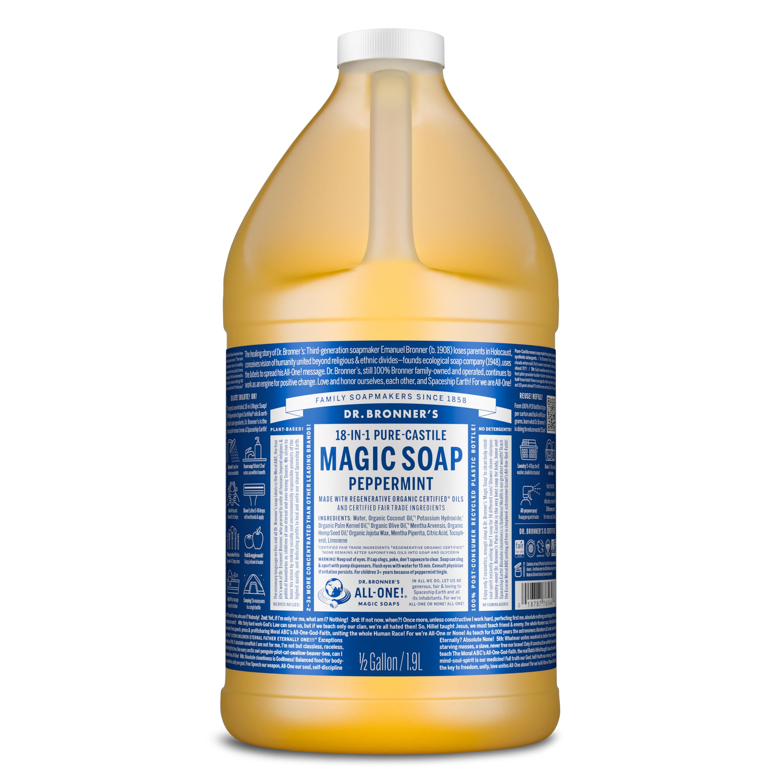 Dr. Bronner's Menthe Poivrée, versement facile, lavage polyvalent pour mains et corps.