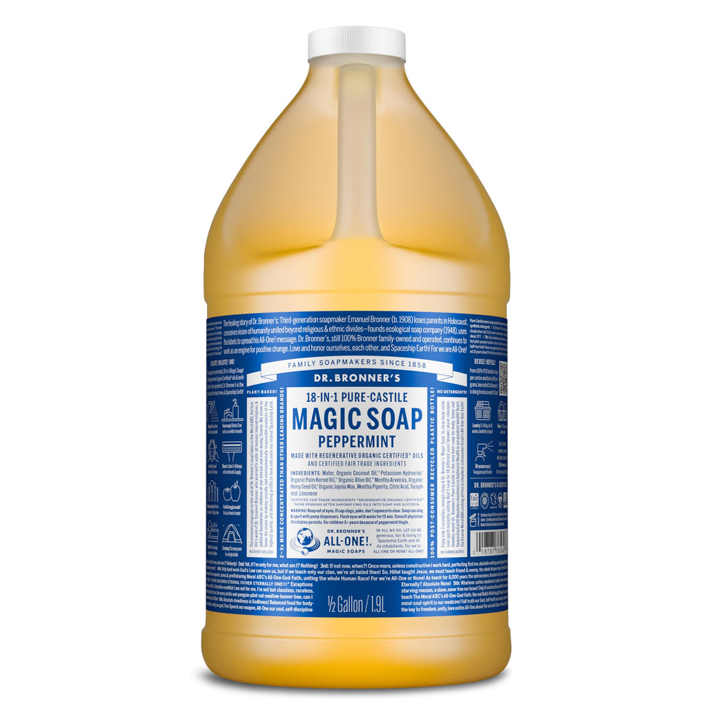 Dr. Bronner's Menthe Poivrée, versement facile, lavage polyvalent pour mains et corps.