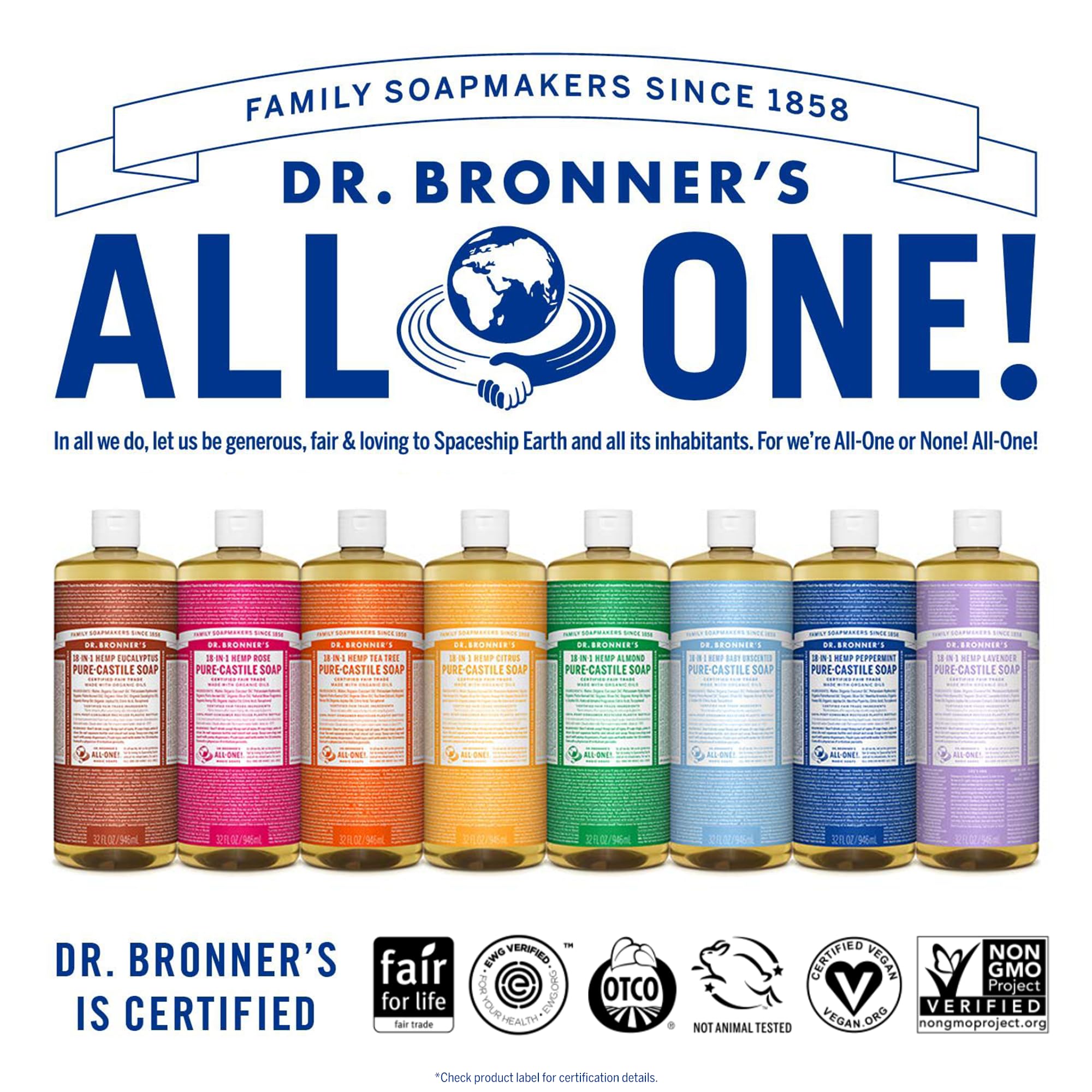 Dr. Bronner's Pure-Castile Menthe, sans conservateurs synthétiques ni agents de mousse artificiels.