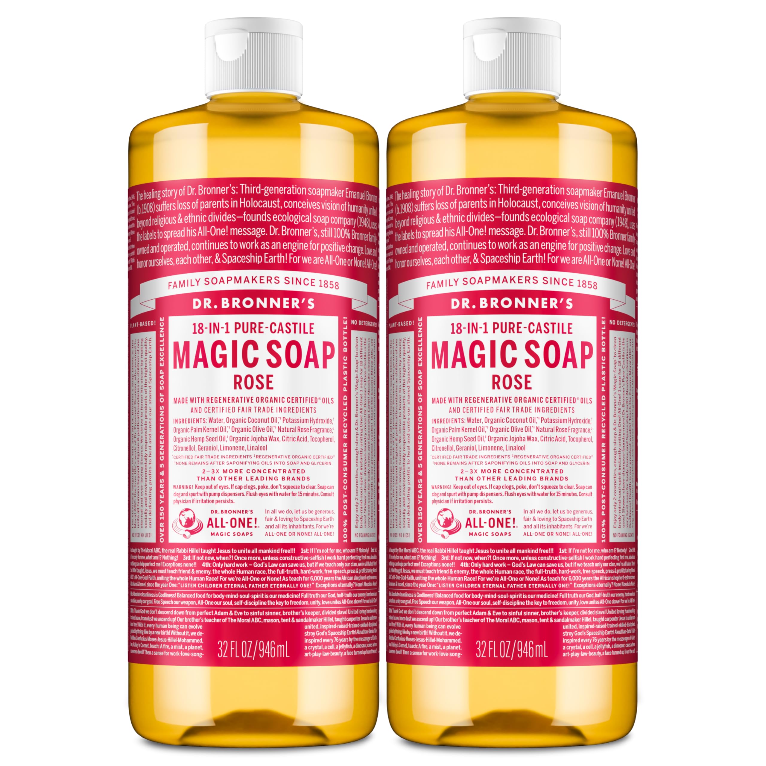 Dr. Bronner's Pure-Castile Rose – mousse riche pour une peau rafraîchie et douce.
