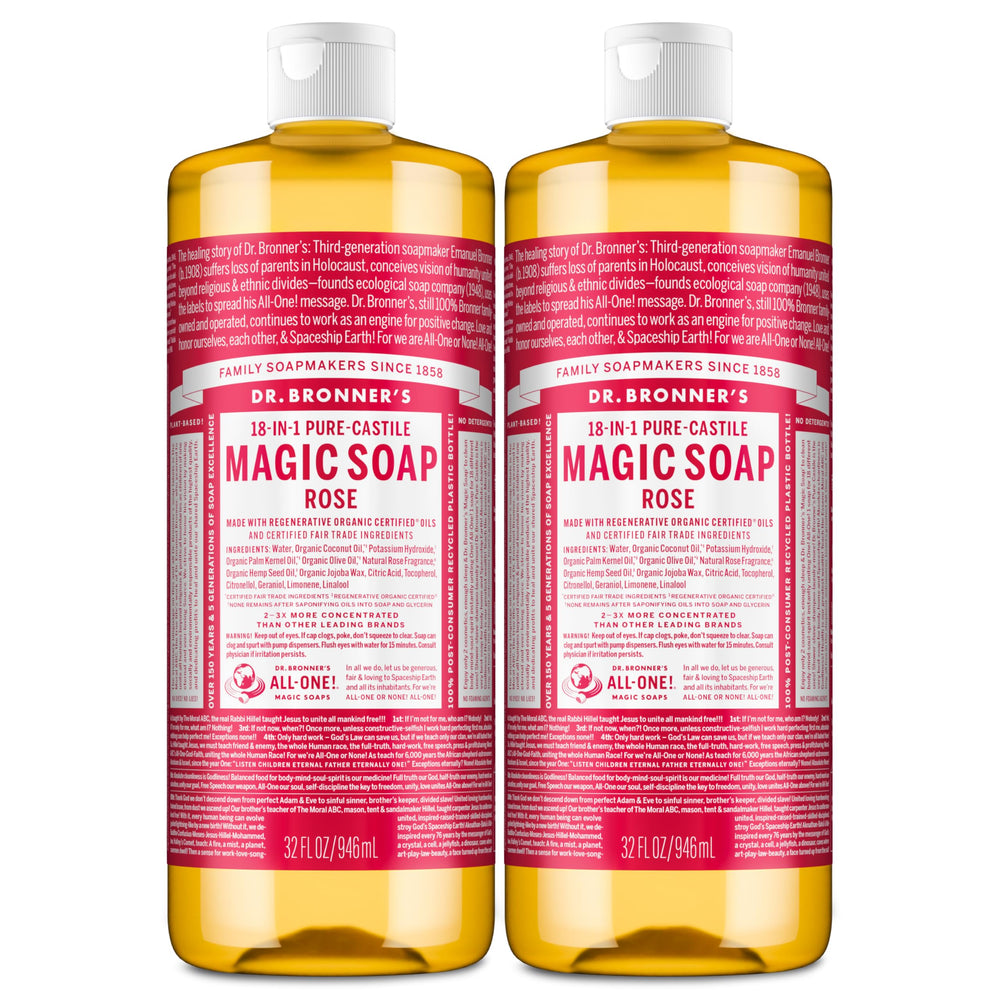 Dr. Bronner's Pure-Castile Rose – mousse riche pour une peau rafraîchie et douce.