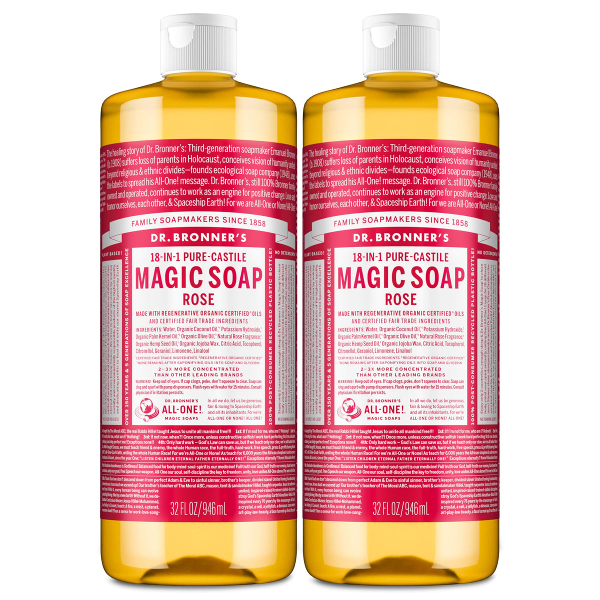 Dr. Bronner's Pure-Castile Rose – mousse riche pour une peau rafraîchie et douce.