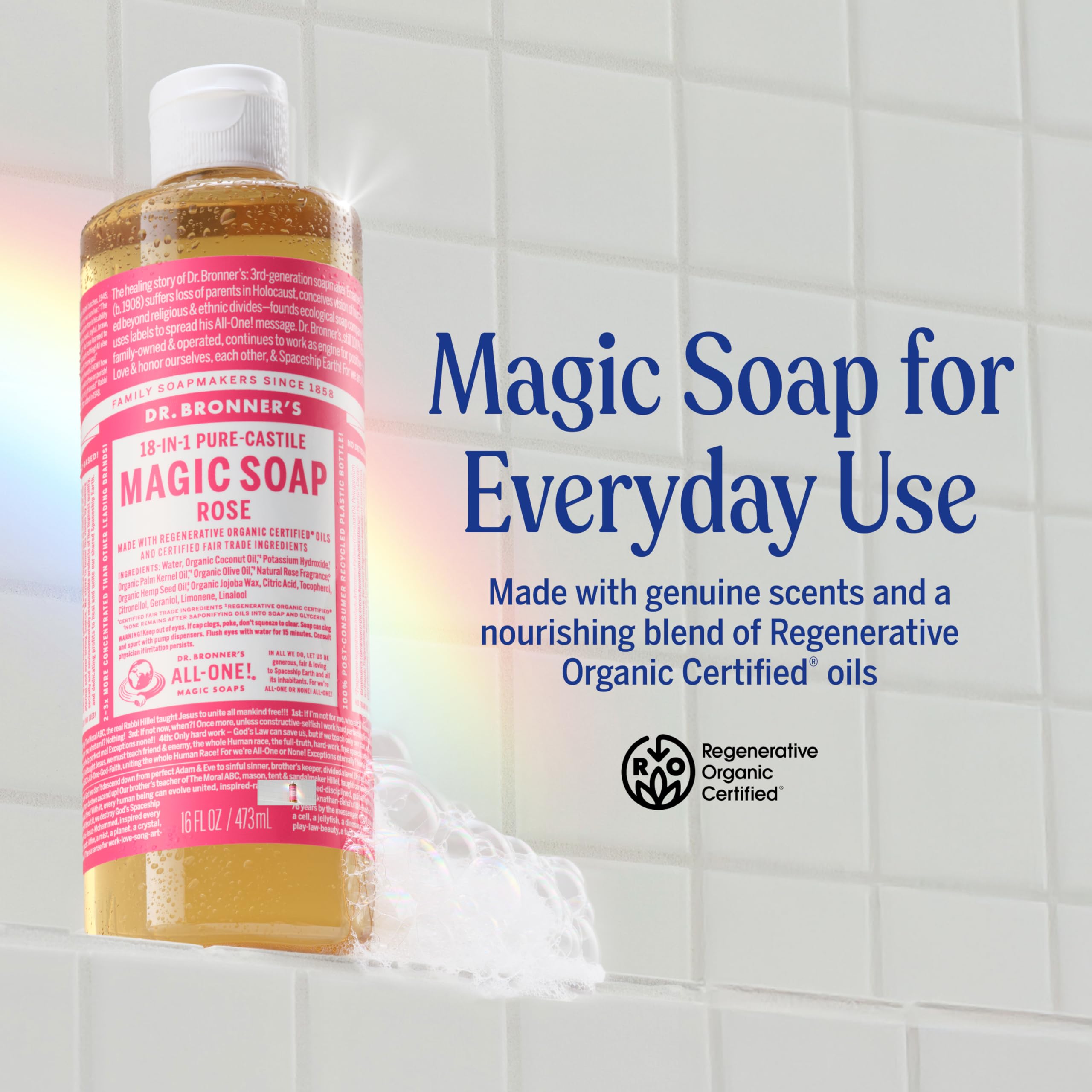 Nettoyage visage doux avec Dr. Bronner's Rose pour une peau équilibrée.