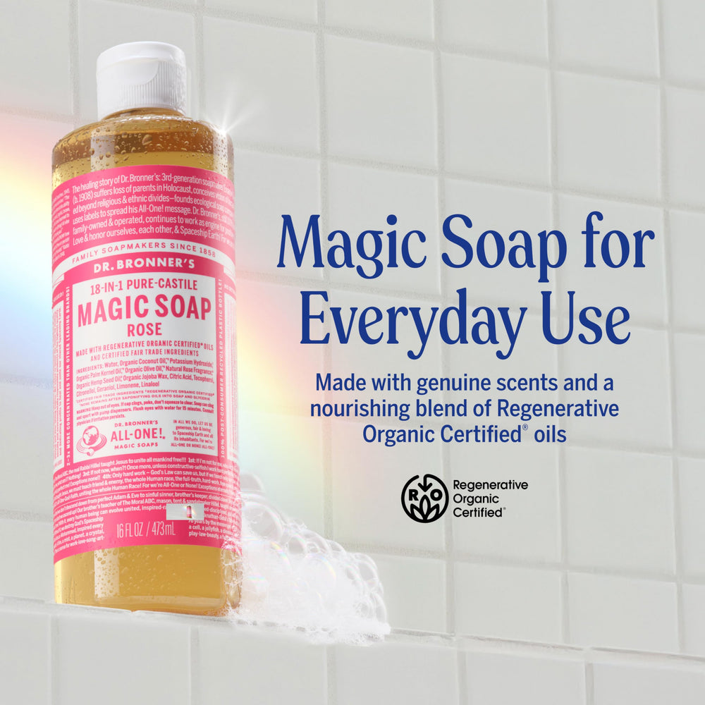 Nettoyage visage doux avec Dr. Bronner's Rose pour une peau équilibrée.