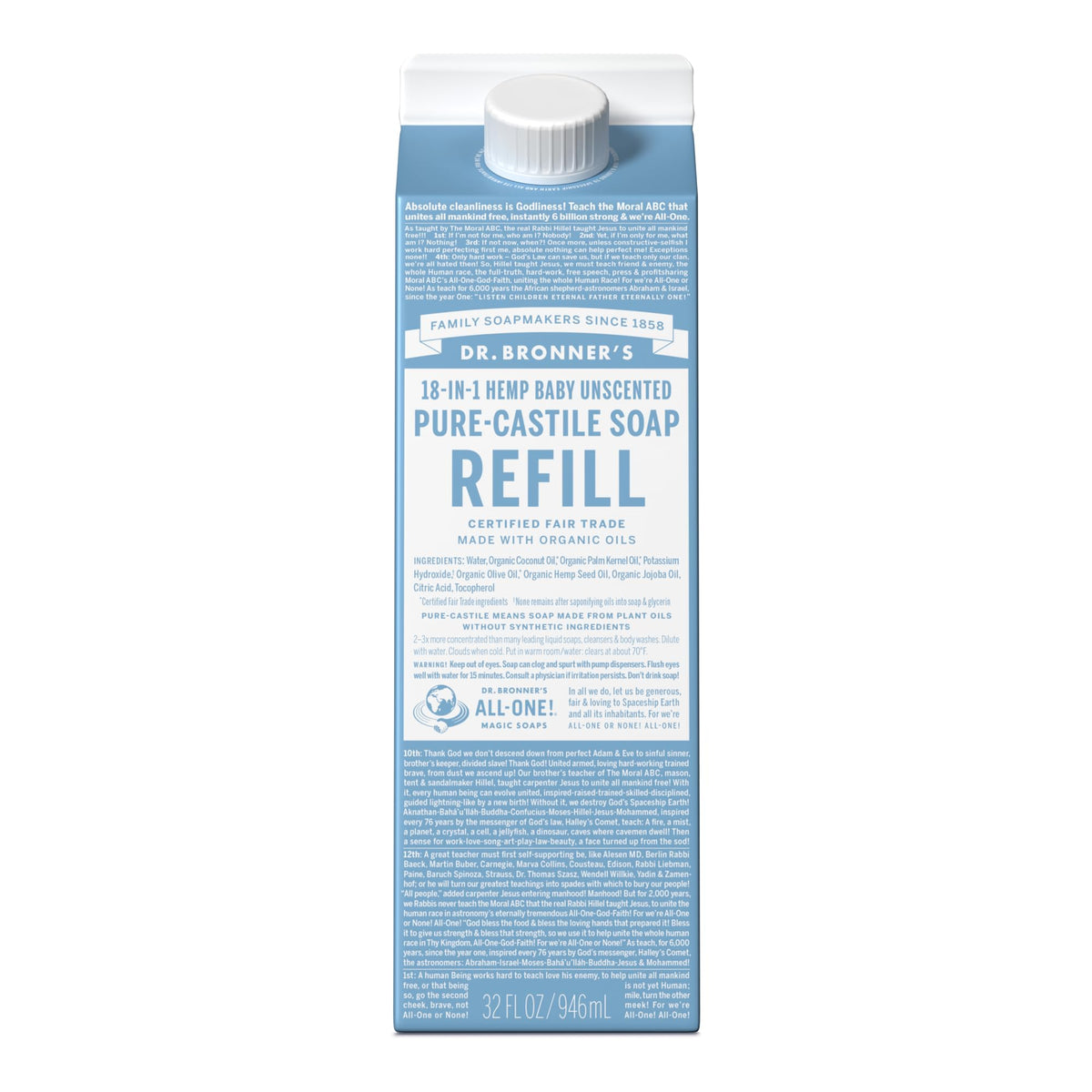 Dr. Bronner's Pure-Castile soap refill bottle, 32oz, baby unscented, versatile cleaning.