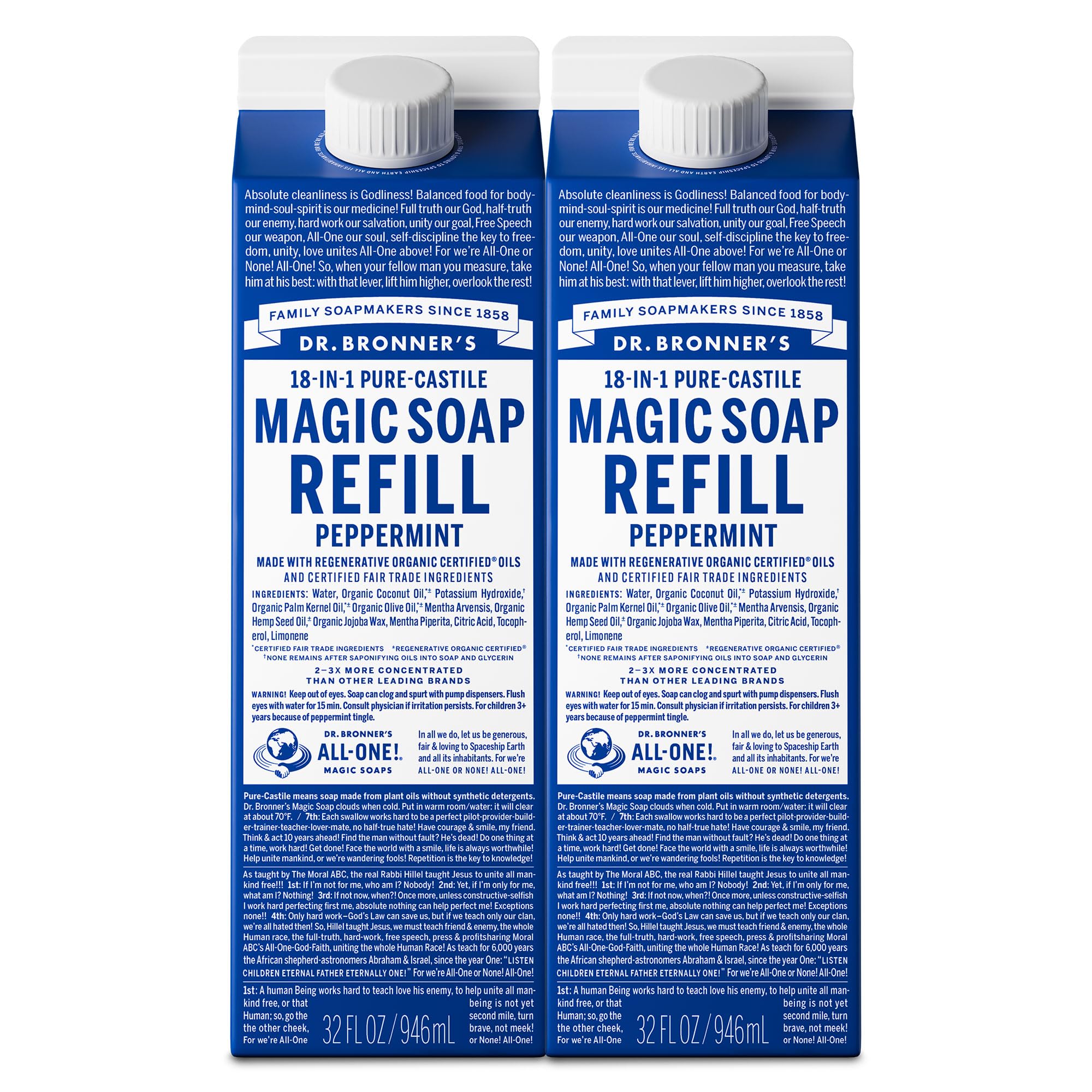 Dr. Bronner’s Menthe Pur‑Castile, recharge prête pour corps et mains.