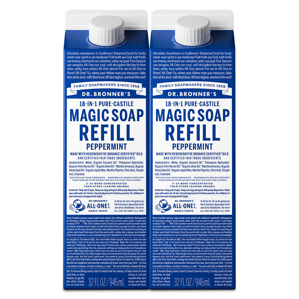 Dr. Bronner’s Menthe Pur‑Castile, recharge prête pour corps et mains.